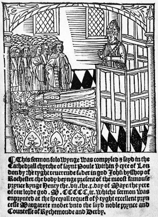St John Fisher
				preaching at the funeral of Henry VII, 1509.  Reproduced with
				kind permission of the Warburg Institute, University of
				London.